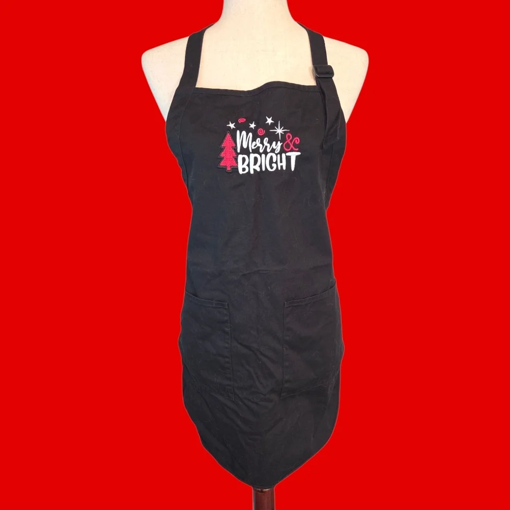 Merry & Bright Christmas Apron Black Cotton Holiday Cooking Baking One Size